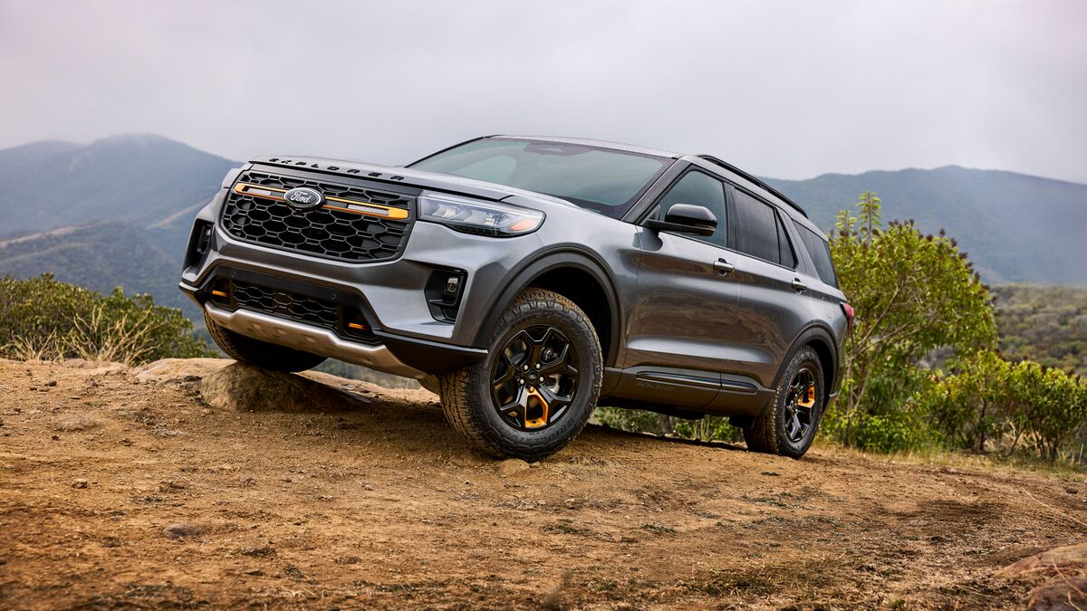 The 2026 Ford Explorer Tremor in gray seen from a front quarter angle