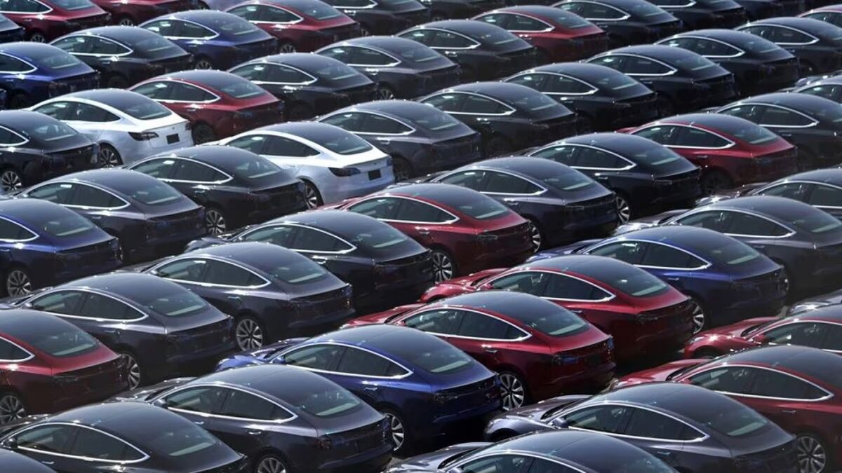 Tesla Model 3 sedans lined up in port for shipping