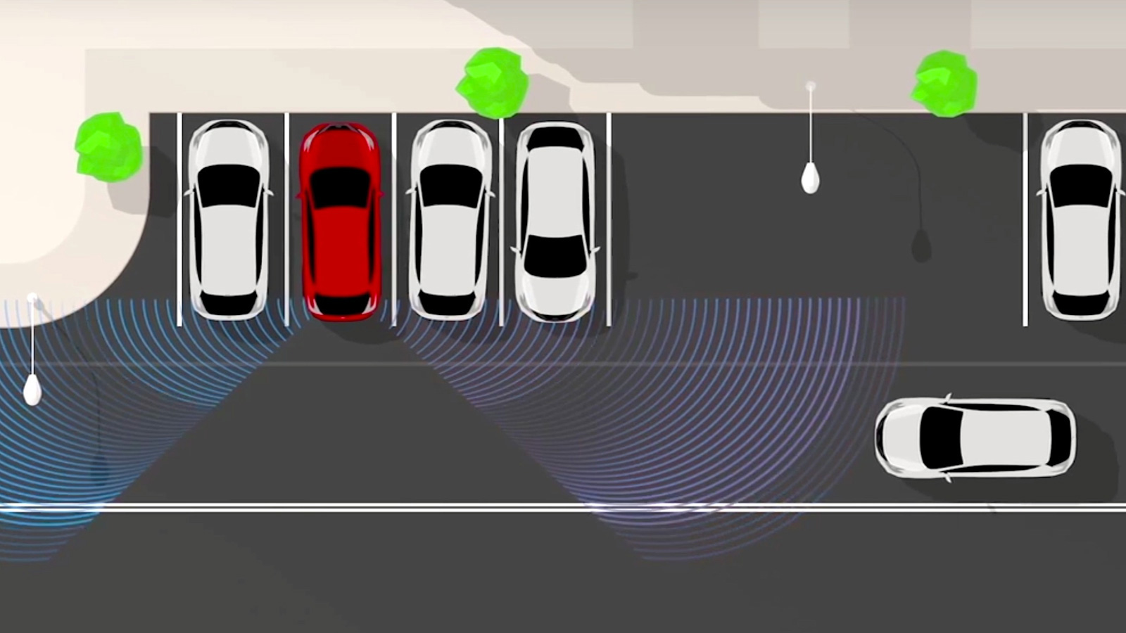 Illustration: a red car backing out of a parking space sends sensor waves to both sides, detecting a car approaching along the lane.