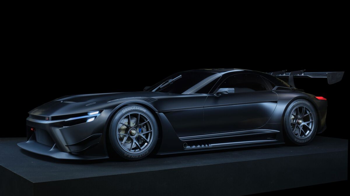 The Toyota GR GT3 concept in black seen from a front quarter angle