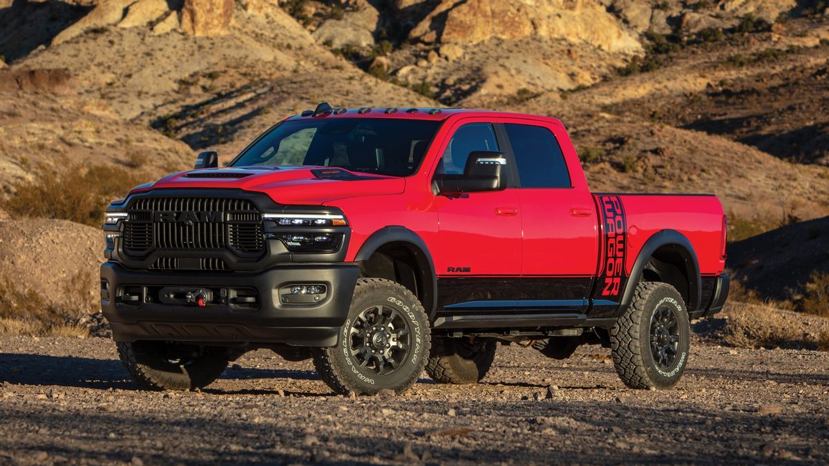2025 RAM 2500 Power Wagon with hills in the background at sunset.
