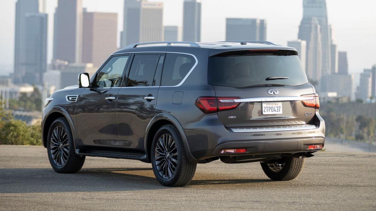 2022 Infiniti QX80 with LA buildings in the background.
