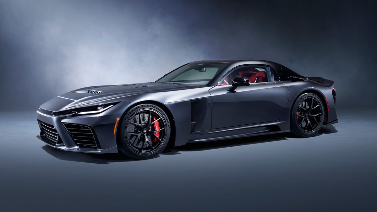 The 2027 Toyota GR GT in gray seen from a front quarter angle