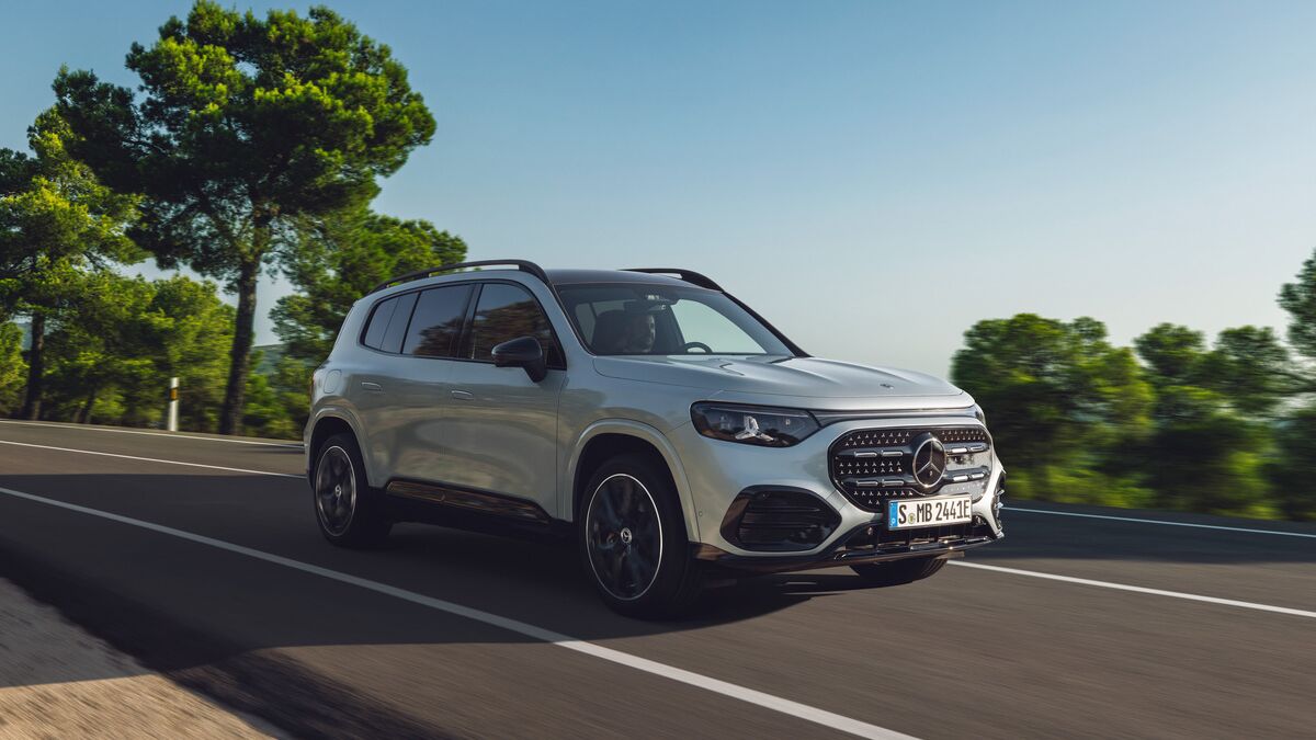 The 2027 Mercedes-Benz GLB in gray seen from a front quarter angle