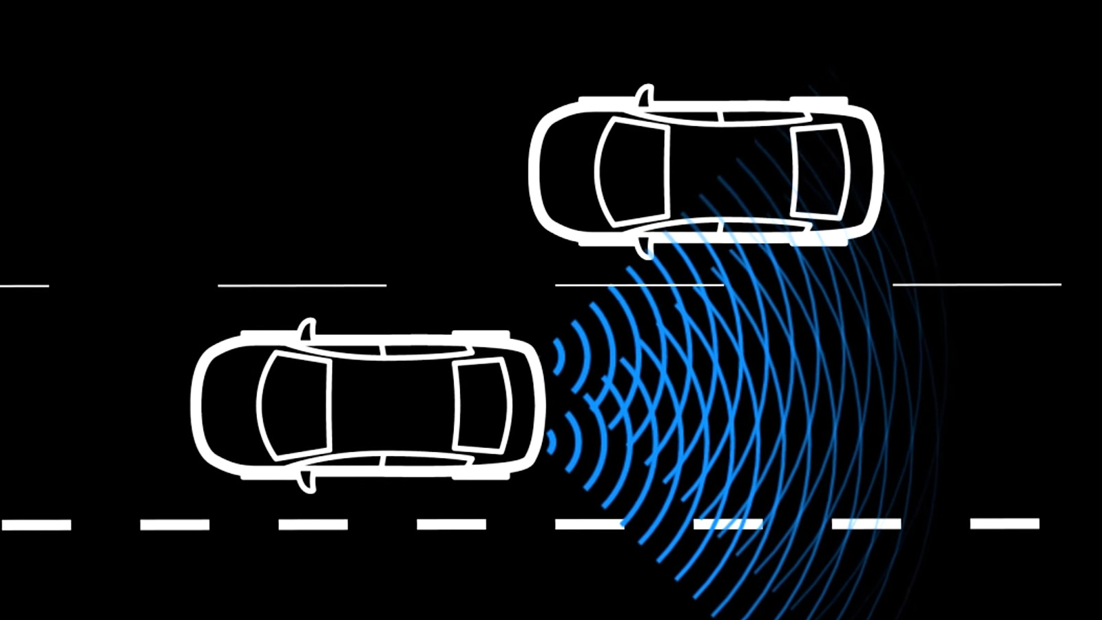 Illustration: radar waves from a car’s rear corner detect a second car traveling in the adjacent lane, just behind and to the side.