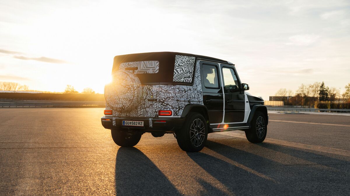 A teaser image showing the Mercedes-Benz G-Class Cabriolet in testing from a rear quarter angle