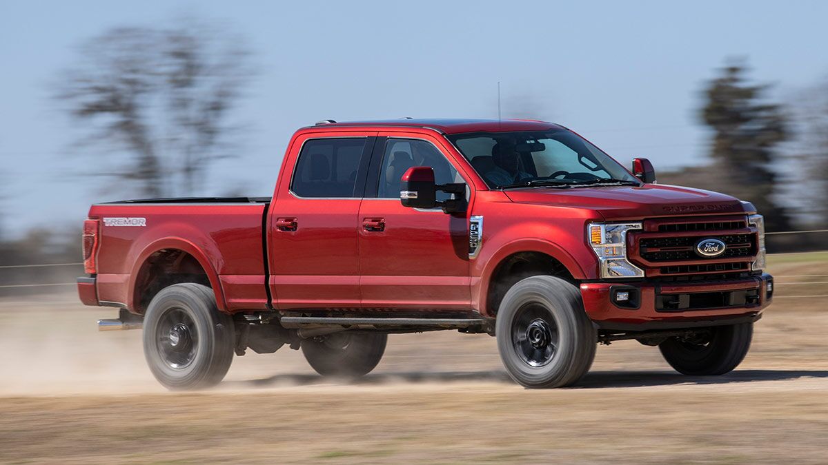 The 2022 Ford F-250 Super Duty Tremor in red seen from a front quarter angle