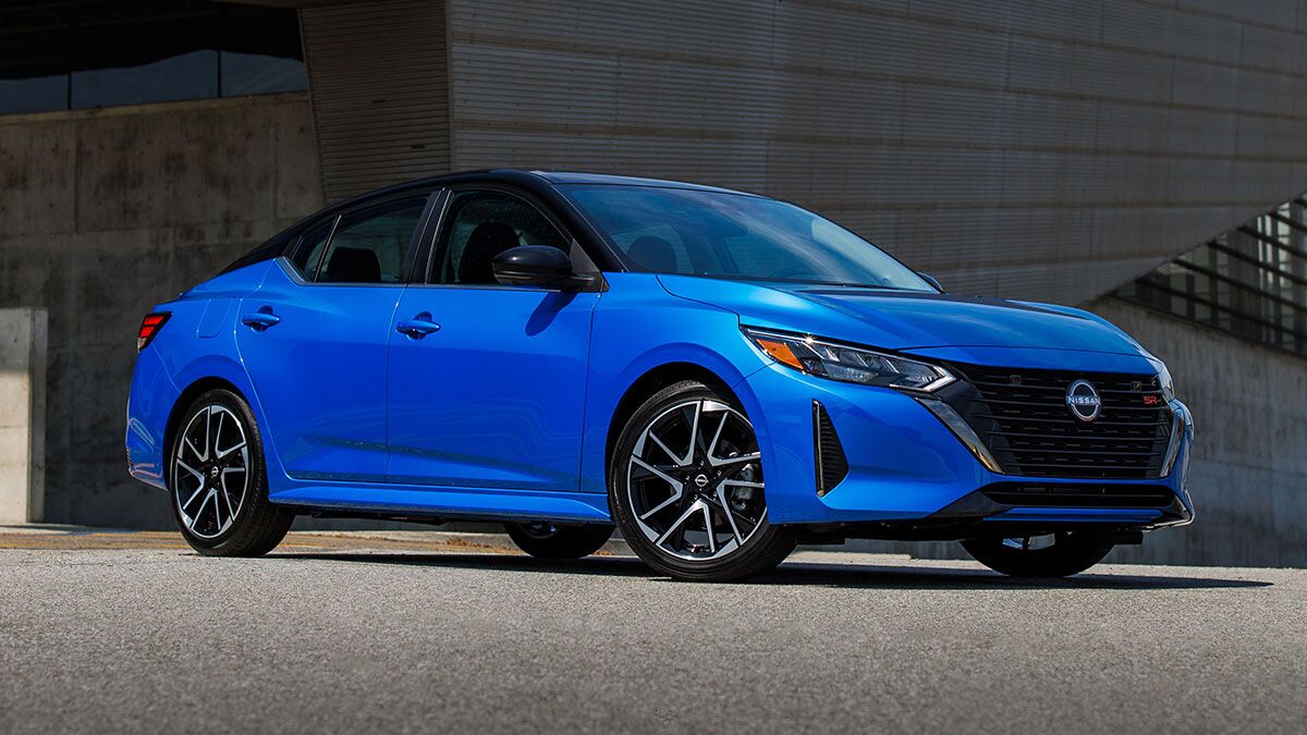 The 2025 Nissan Sentra in blue seen from a front quarter angle