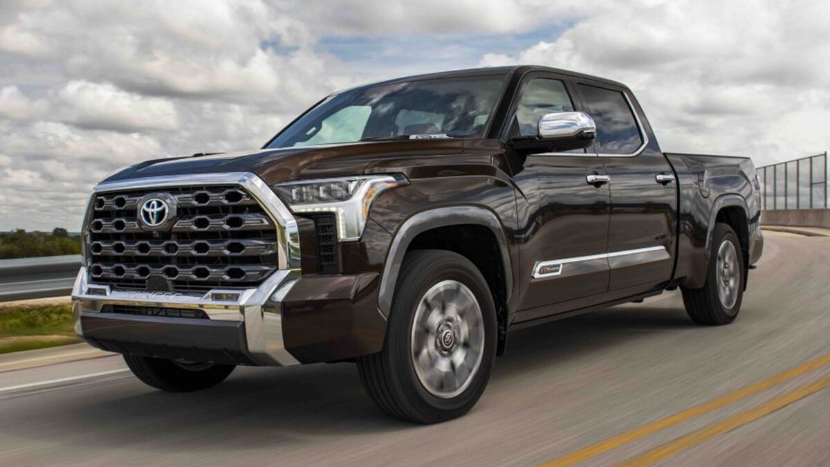 The 2023 Toyota Tundra in brown seen from a front quarter angle
