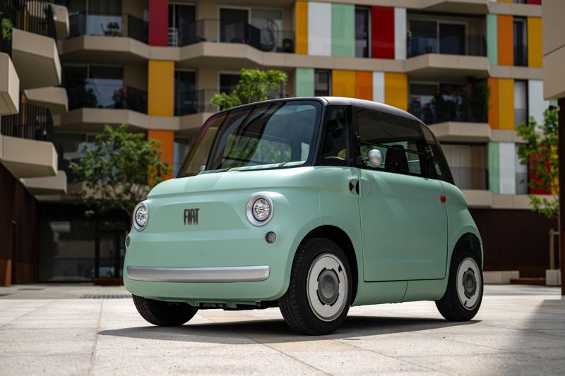 The 2026 Fiat Topolino in green seen from a front quarter angle