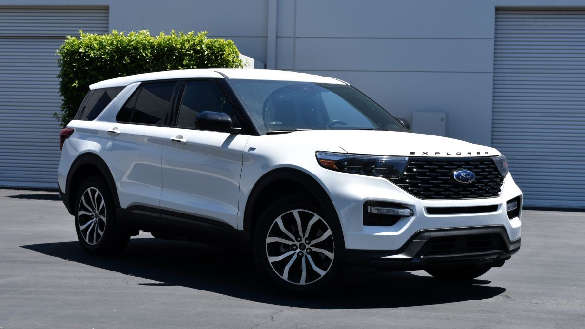 The 2023 Ford Explorer in white seen from a front quarter angle