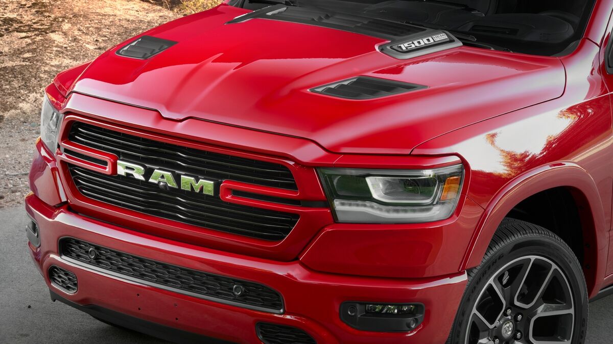 The grille of a 2022 Ram 1500 Laramie in red