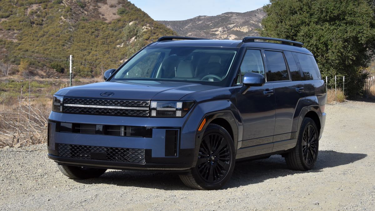 2026 Hyundai Santa Fe parked by a mountain.