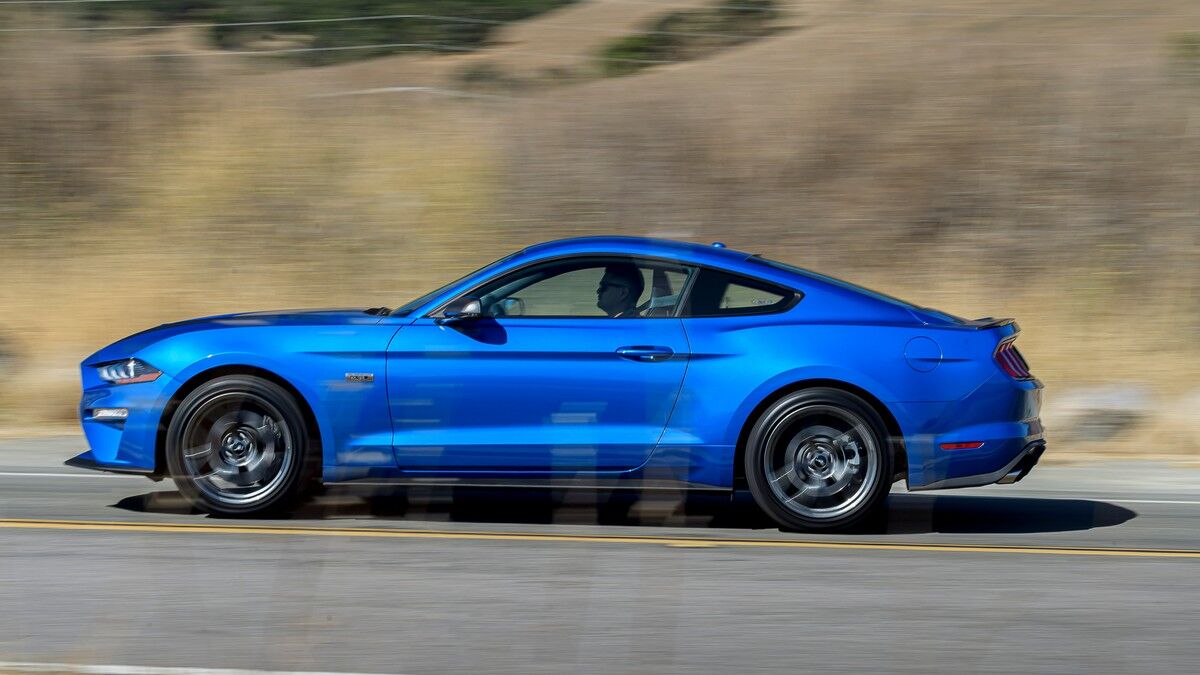 The 2020 Ford Mustang coupe in blue seen in profile