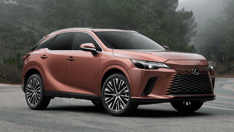 2026 Lexus RX 350 Premium in front right-side 3/4 view shot against green foliage