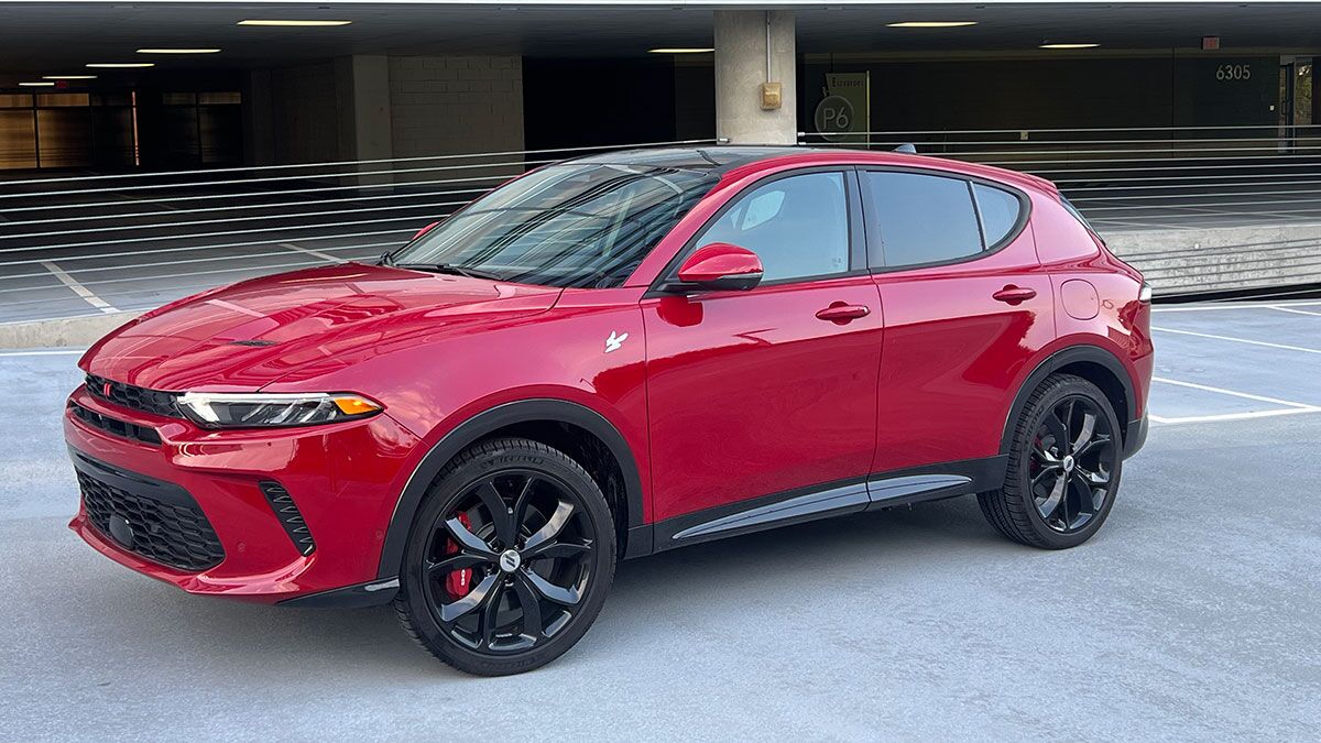 2024 Dodge Hornet in red parked in a parking garage.