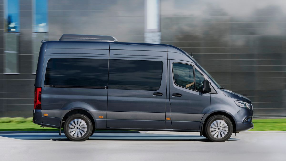 The 2025 Mercedes-Benz Sprinter van in gray seen in profile