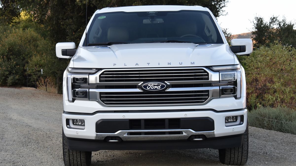 The 2025 Ford F-150 in white seen from a front quarter angle